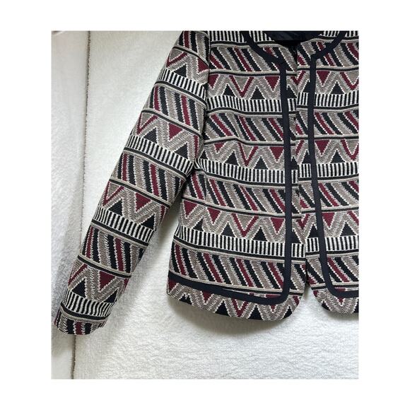 Tahari ASL Geometric Tribal Printed Black Red Tan Open Blazer Jacket Womens 10 - Picture 6 of 16